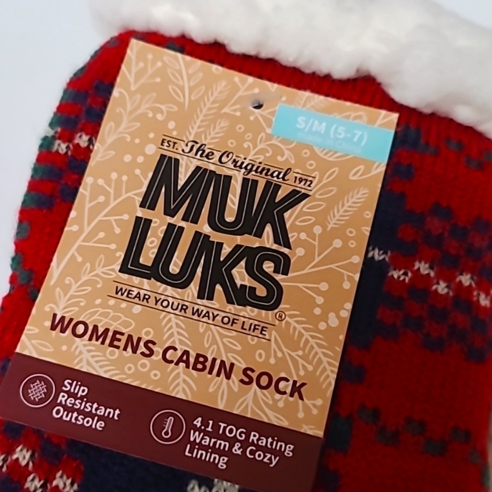 MUK LUKS Tall Cabin Sock Slippers Red White Comfy Soft New Small Medium 5 - 7